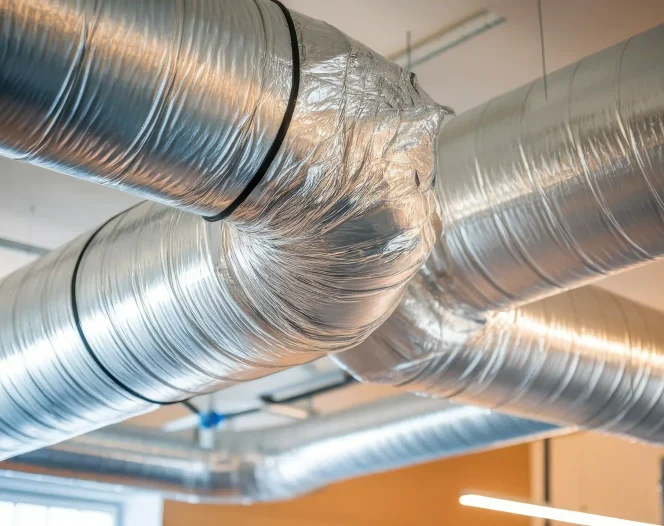 silver flexible ductwork system attached to the ceiling photo